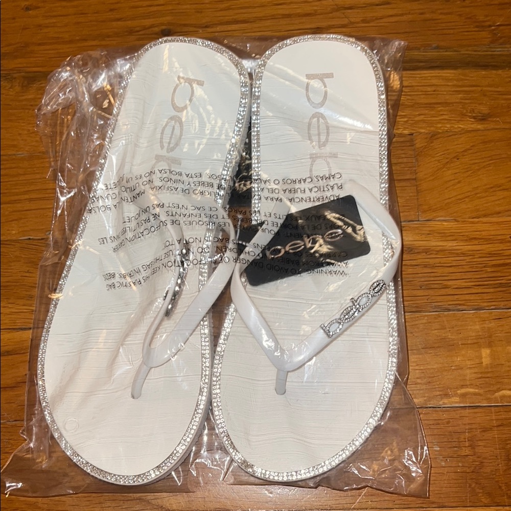 Bebe White and Silver Sandals Classic Flip-Flop Design